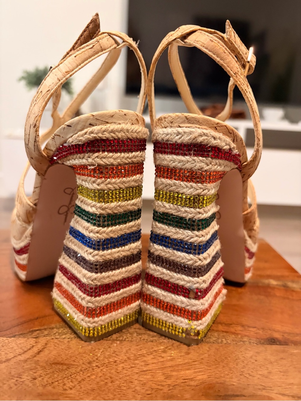 Jessica Simpson Tan Cork Strappy Platform Wedge with Multicolor Striped Heel